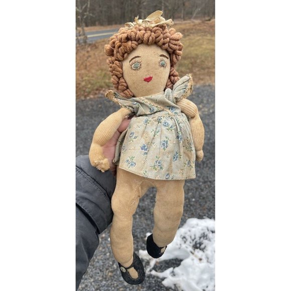 Antique Handmade Ragdoll Embroidered Face 20th C. Vintage Doll Rag Doll Cloth - Picture 10 of 15